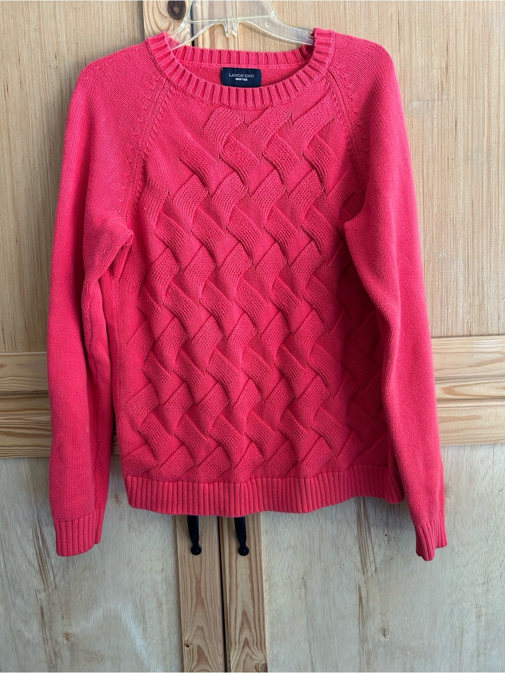 Lands' End Women's Coral-Red Cable Knit Crewneck Drifter Sweater Sz XL 18